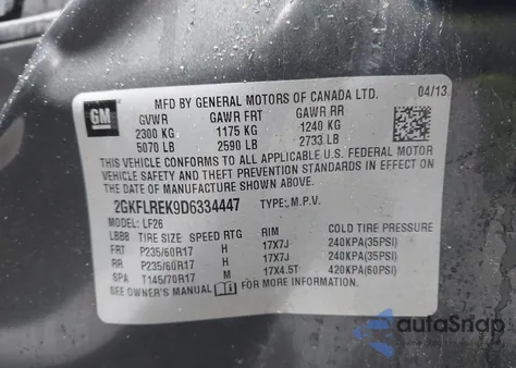 2013 GMC Terrain Sle-1 из США, поврежденный, VIN 2GKFLREK9D6334447